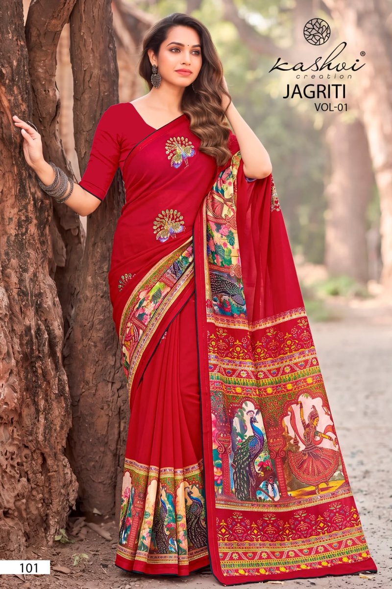 Jagriti Vol 1 By Kashvi Dull Moss Foil Printed Saree 